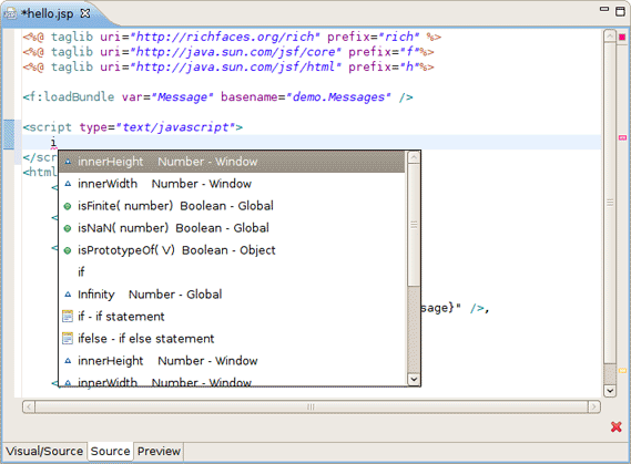 JavaScript Tags Content Assist