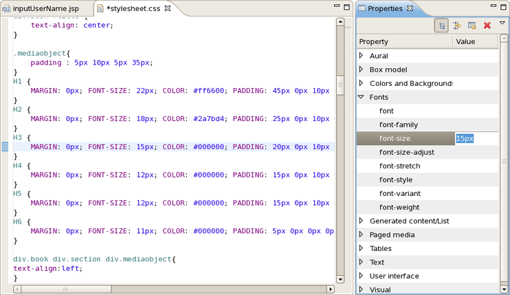 Properties View in CSS Editor