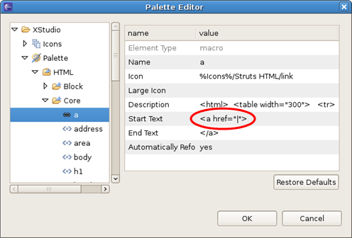 Parameters of the Palette element