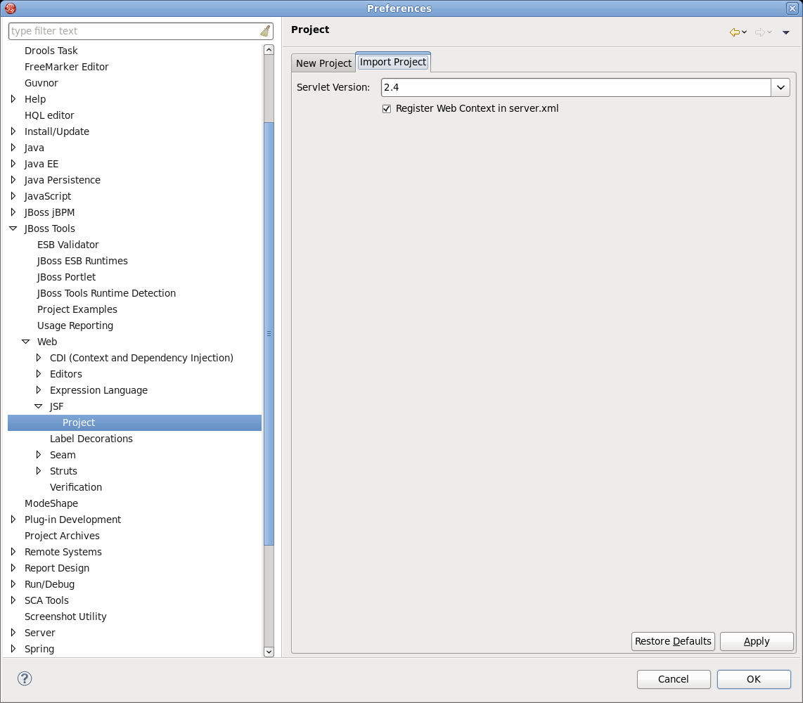 Import JSF Project Preferences