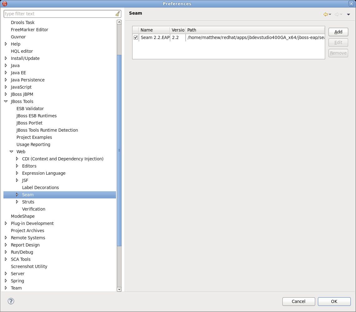 Seam preference page