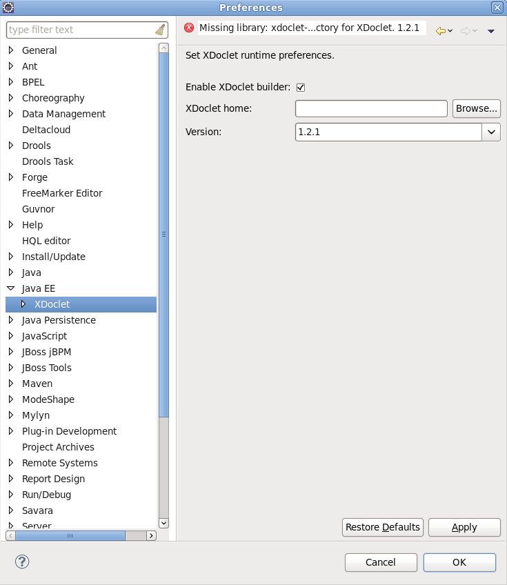 XDoclet Runtime Preferences Page