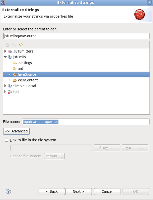 Visual Page Editor Externalize string wizard page 2