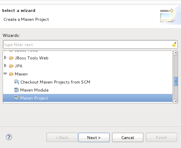 Wizard selection screen with the Maven Project wizard selected.