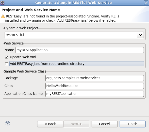 Generate a Sample RESTful Web Service - Project and Web Service Name