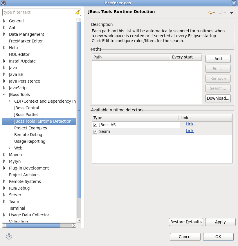 Preference page for JBoss Runtimes