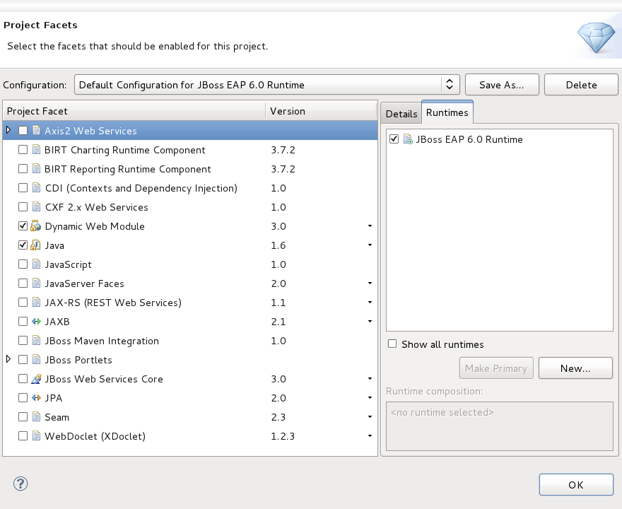 Runtimes on the Project Facets Wizard