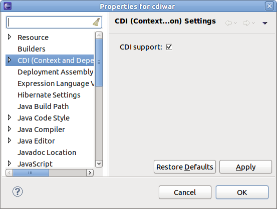 CDI project settings.