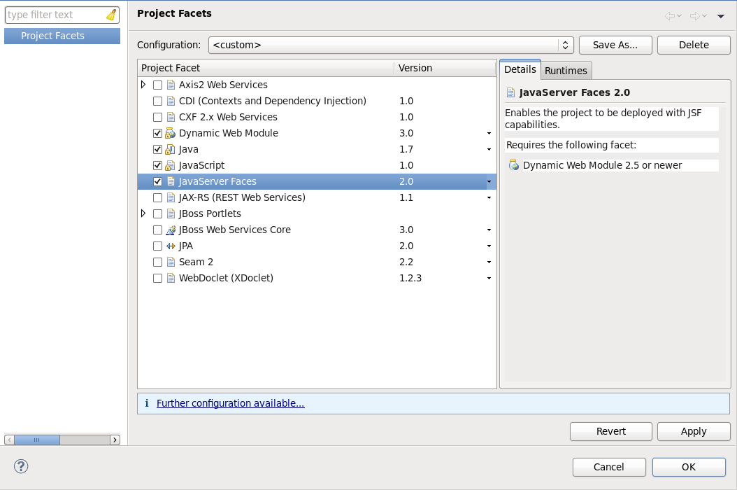 Project Facets dialog