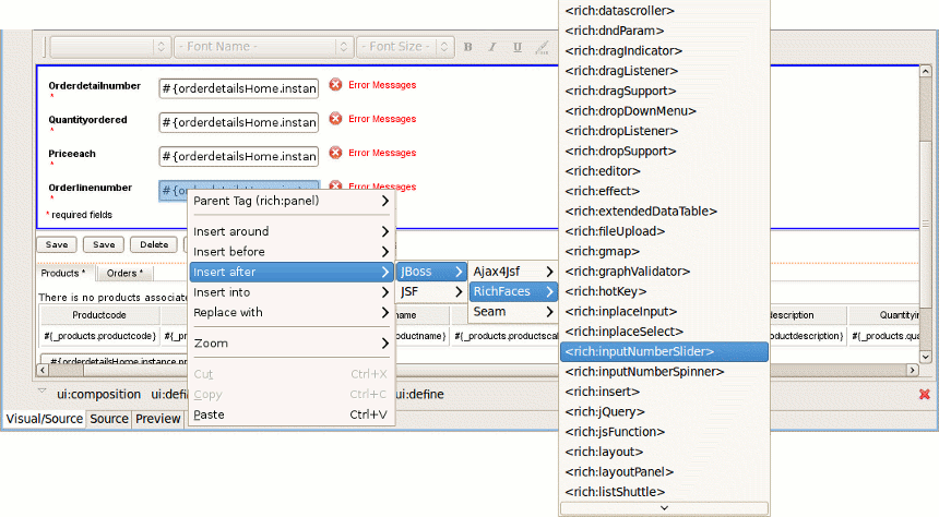 Insert RichFaces Component from Context Menu