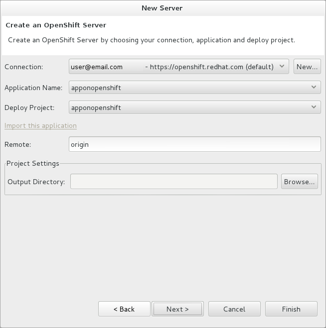 Ensure the Use existing application check box is selected and type the name of the application in the text field. This field has an auto-completion feature to assist you in typing the application name or click Browse to see a list of all of your applications associated with the connection.