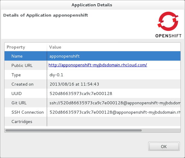 In the OpenShift Explorer tab, expand the connection. Right-click the application name and click Details. The displayed information includes the public URL of the application, application type, and remote Git repository location. Click OK to close the Details window.