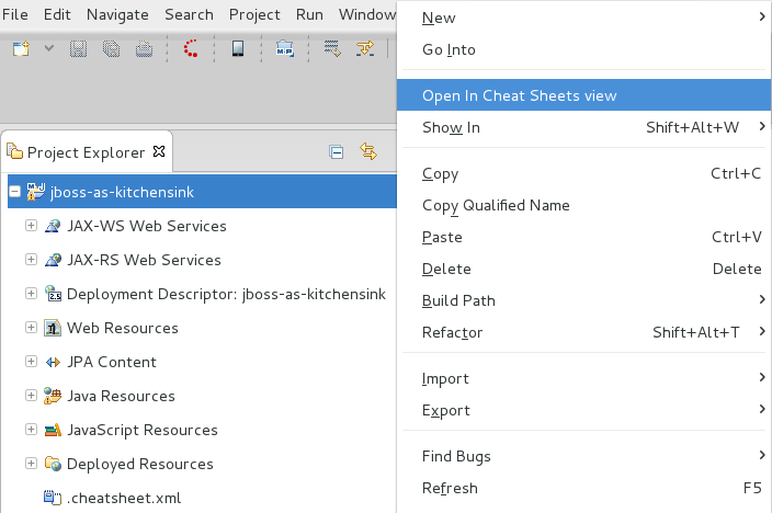 To open a cheat sheet manually, in the Project Explorer tab right-click the project name or a cheat sheet file and click Open In Cheat Sheets View.