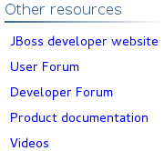 In the JBoss Central tab, select the Getting Started page and click the links under Other resources.