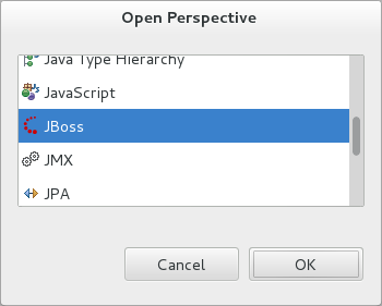 To open the JBoss perspective, click Window→Open Perspective→Other. From the list of available perspectives, select JBoss and click OK.