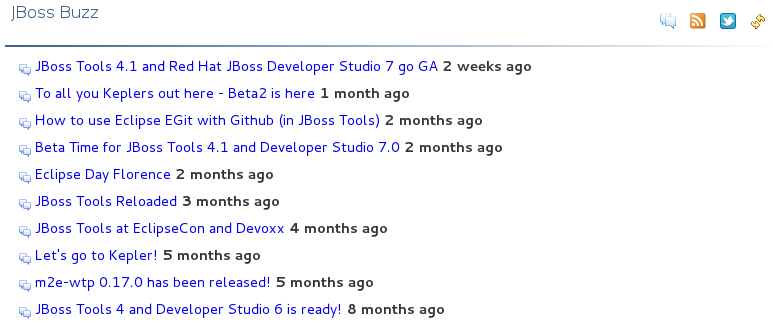 In the JBoss Central tab, select the Getting Started page and click the links under JBoss Buzz. To see previews of the blog posts, hover the cursor over these links. To view a complete list of JBoss blog posts, click the JBoss Buzz button.