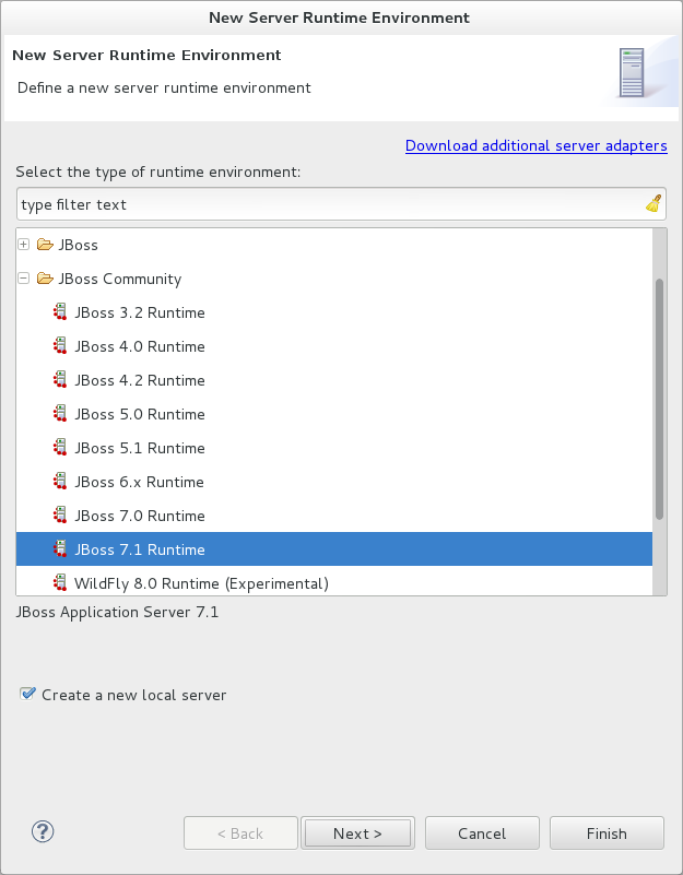 From the Select the type of runtime environment list, select a JBoss community application server. To create a complete local server definition, select the Create a new local server check box.