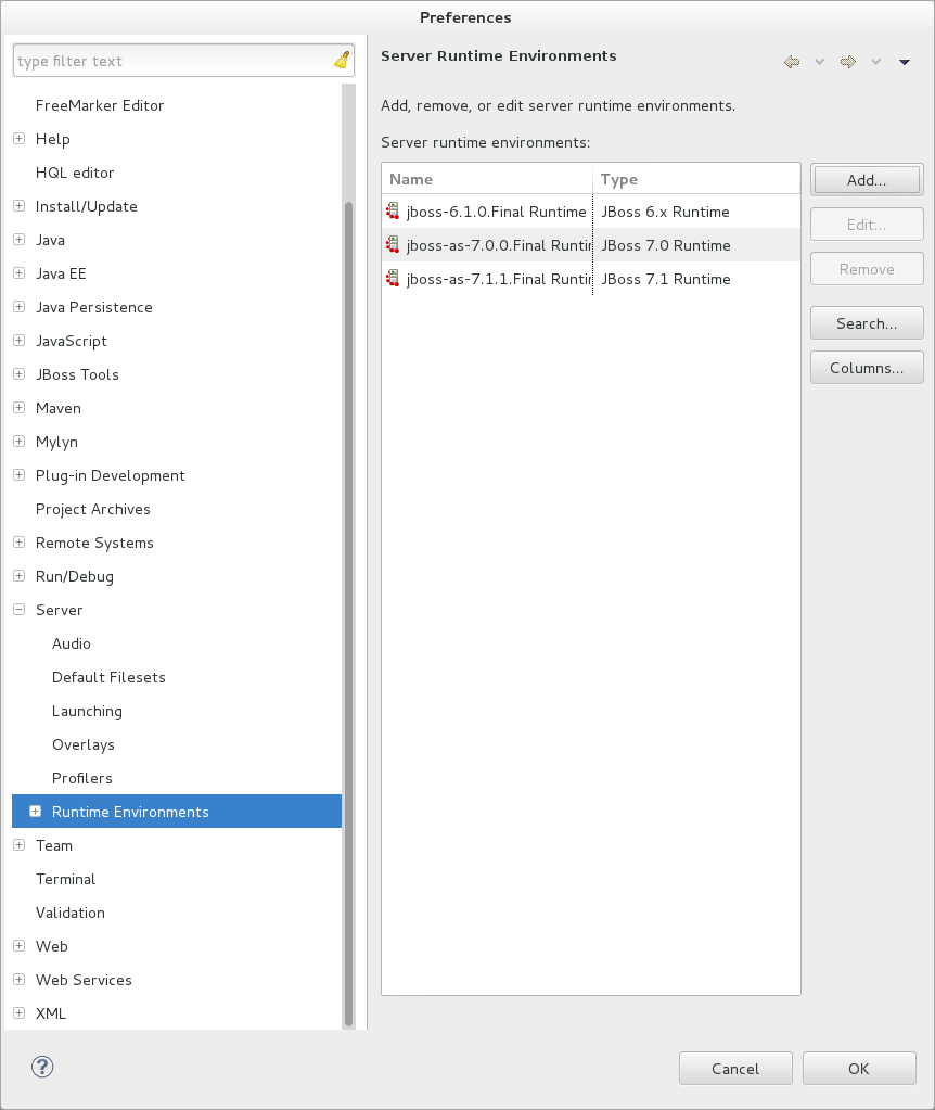 Click Window→Preferences, expand Server and select Runtime Environments.