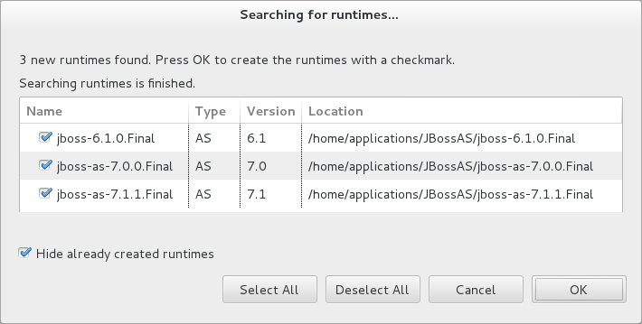 If new application servers are found, you can generate server runtime environments for them. Select the check boxes of the application servers for which you want to generate server runtime environments and click OK.