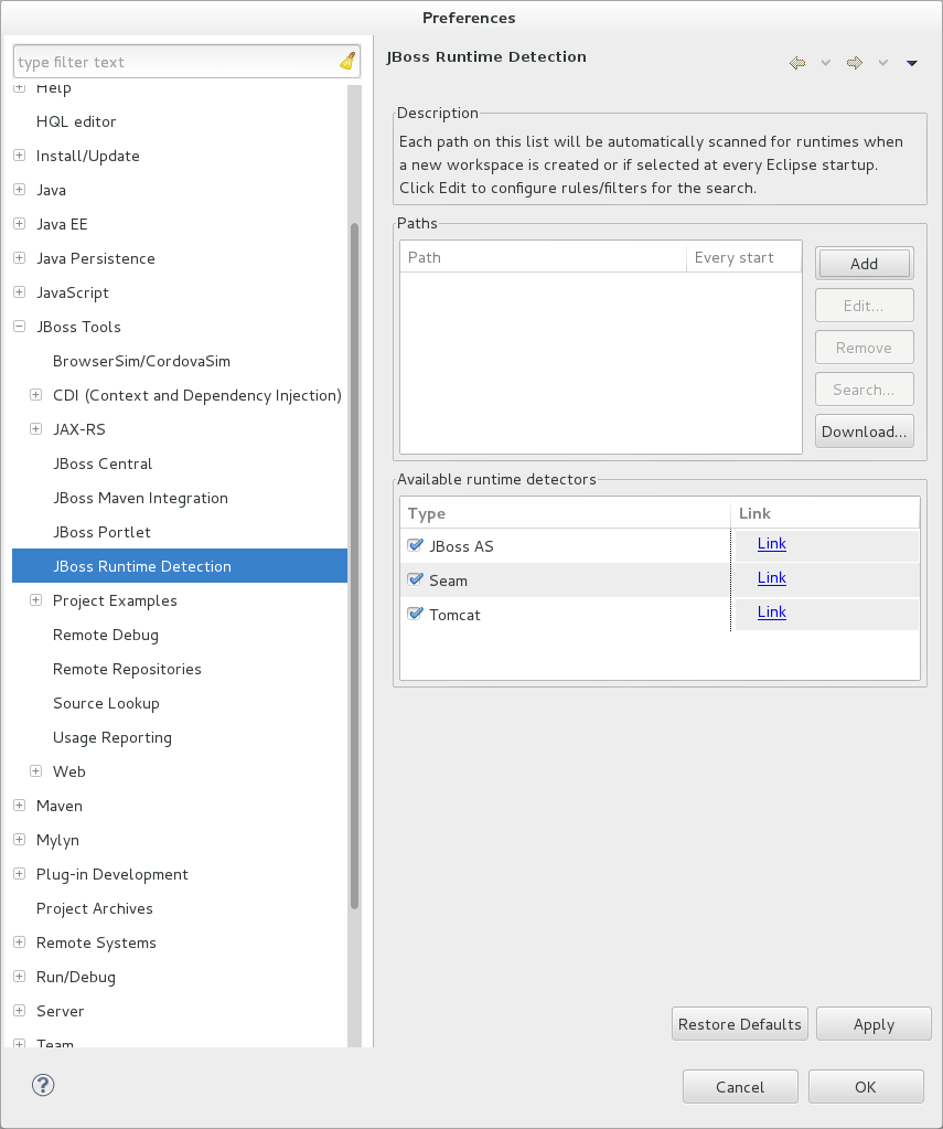 Click Window→Preferences, expand JBoss Tools and select JBoss Runtime Detection.
