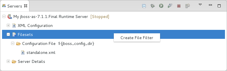 To customize the fileset for an individual server, in the Servers tab expand the server. Right-click Filesets and click Create File Filter.