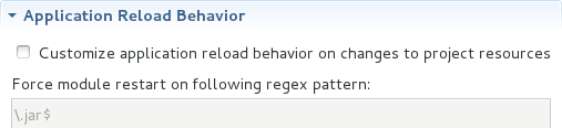 This section details the application reload action the IDE should take in response to changed published resources of deployed applications. Application reload involves undeploying and redeploying an application and this action is necessary when you make changes to project resources that will not be detected by the server. By default, the application reload behavior is set to invoke application redeployment when .jar files are changed.