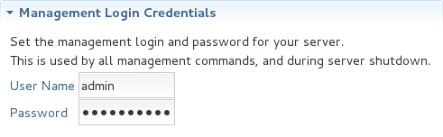 This section holds credentials, specifically username and password, necessary for the IDE to successfully communicate management commands with the server. The password is obscured and stored in Eclipse Secure Storage for security. Incorrect management credentials can cause the IDE to not detect when a server is started.