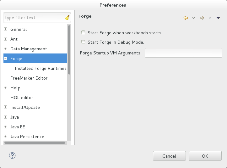 To open the the Forge Pane, click Window→Preferences and select Forge.