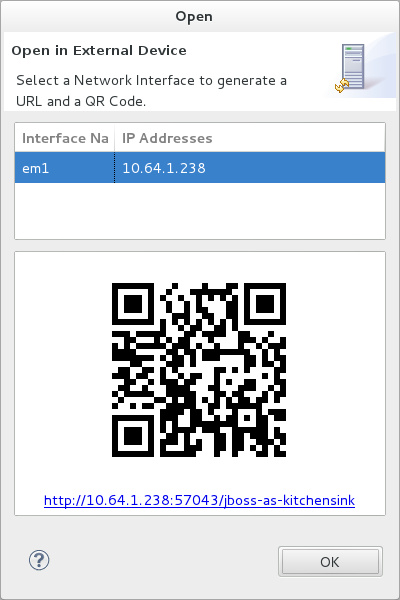 A QR code and LiveReload server port URL corresponding to the deployed application are displayed and these can be input into external device browsers.