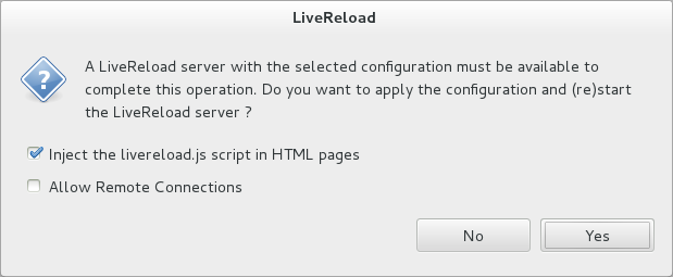 This requires the server to be configured to Inject the livereload.js script in HTML pages and, if the server is not correctly configured, you are prompted to enable this option.