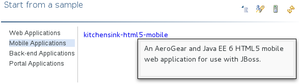 In the JBoss Central tab under Start from a sample, hover the mouse over Mobile Applications and click kitchensink-html5-mobile.