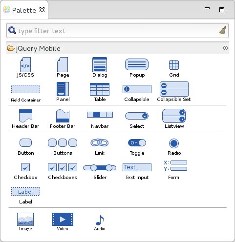 The jQuery Mobile palette is available in the Palette tab, which is part of the JBoss perspective.