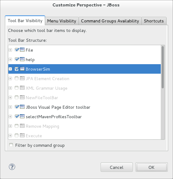 On the Tool Bar Visibility tab, ensure the BrowserSim check box is selected as this makes the BrowserSim toolbar visible