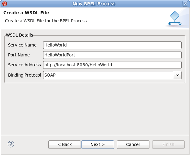 Create WSDL file for the BPEL Process wizard page