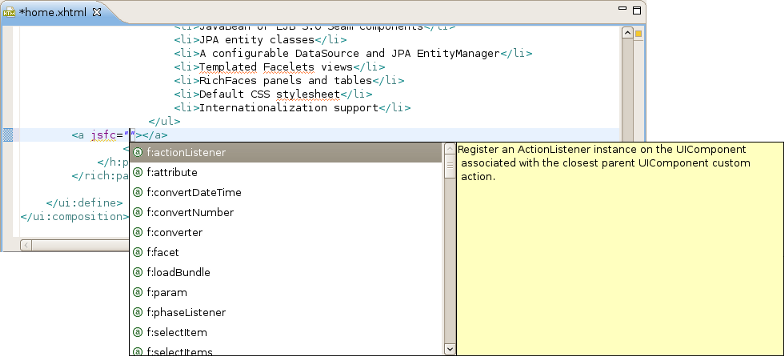 Content Assist for the "jsfc" attribute