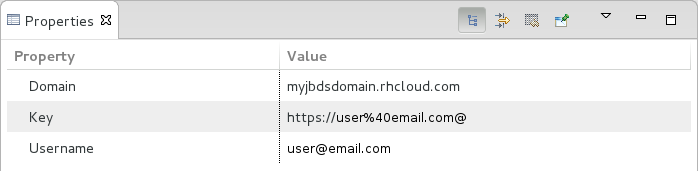 In the OpenShift Explorer tab, right-click the connection and click Properties. The Properties tab opens and shows information about the associated domain, key and user account. The Key parameter is unique to the connection and it is used by the IDE for identification purposes.