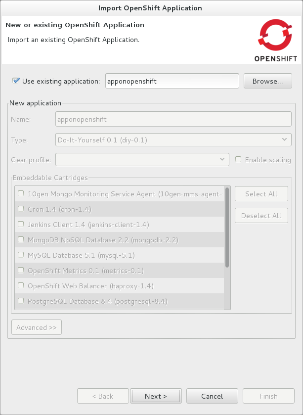 Ensure the Use existing application check box is selected and type the name of the application in the text field. This field has an auto-completion feature to assist you in typing the application name or click Browse to see a list of all of your applications associated with the connection.