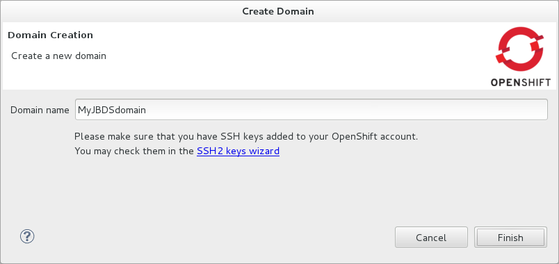 In the Domain Name field, type the name of the domain you would like to use and click Finish.