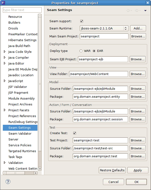 Properties for Seam Project