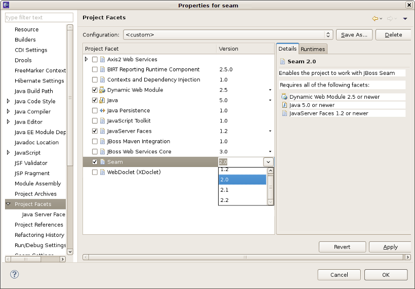 Changing the Seam Facet Version