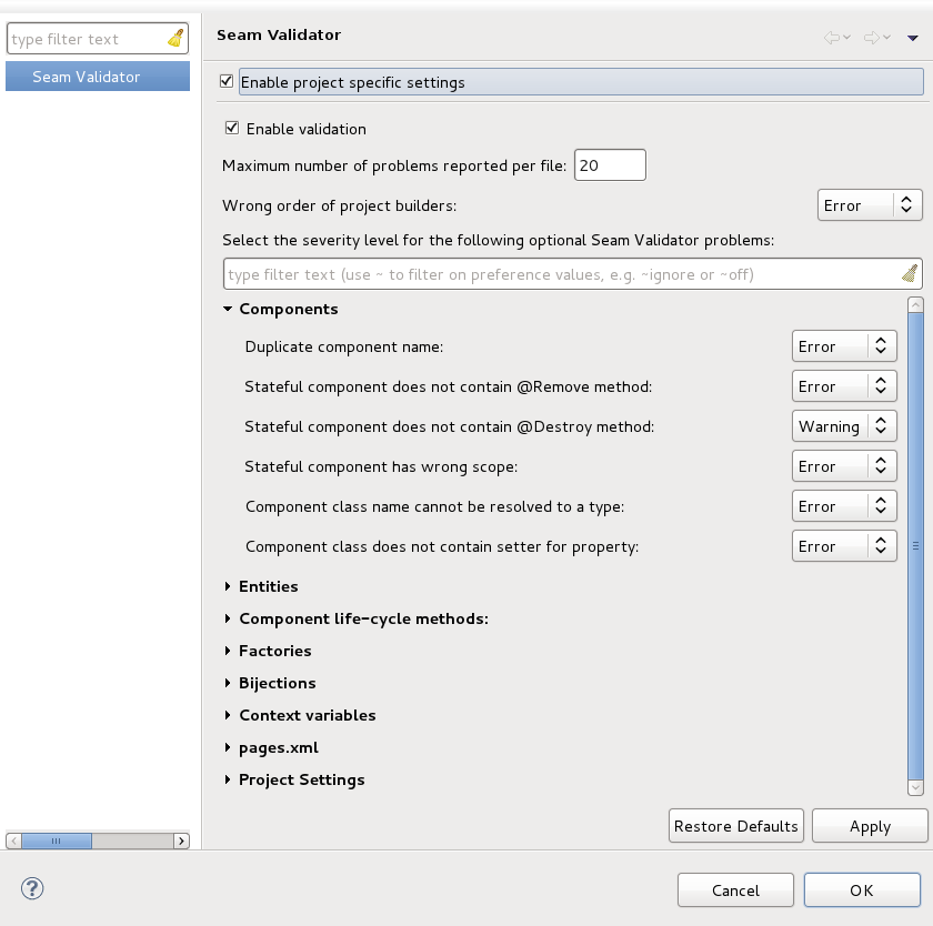 Validator Properties Page for Chosen Project