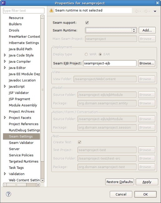 Properties for Seam Project when Seam runtime is not selected