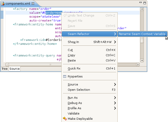 Opening Refactoring wizard in components.xml file