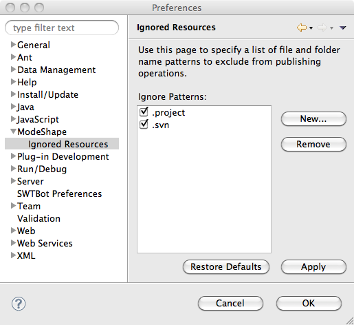 ModeShape Ignored Resources Preference Page