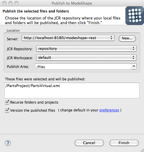 ModeShape Publishing Operations Dialog