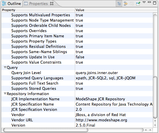 ModeShape Repository Properties Page