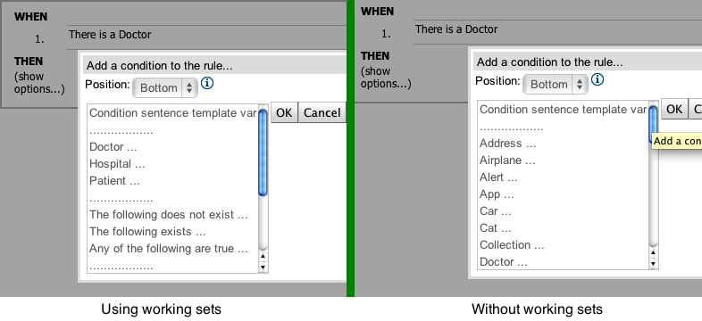 Comparison of "Add new Pattern" window using Working Set and without using them