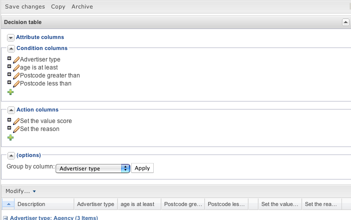 Decision table config
