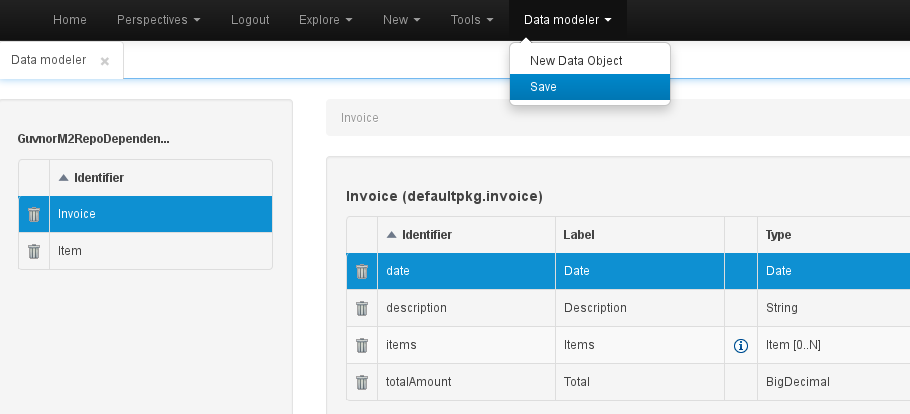 The Data Modeller menu