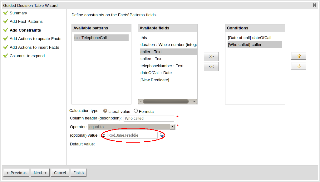 Example of a Condition column with optional values defined